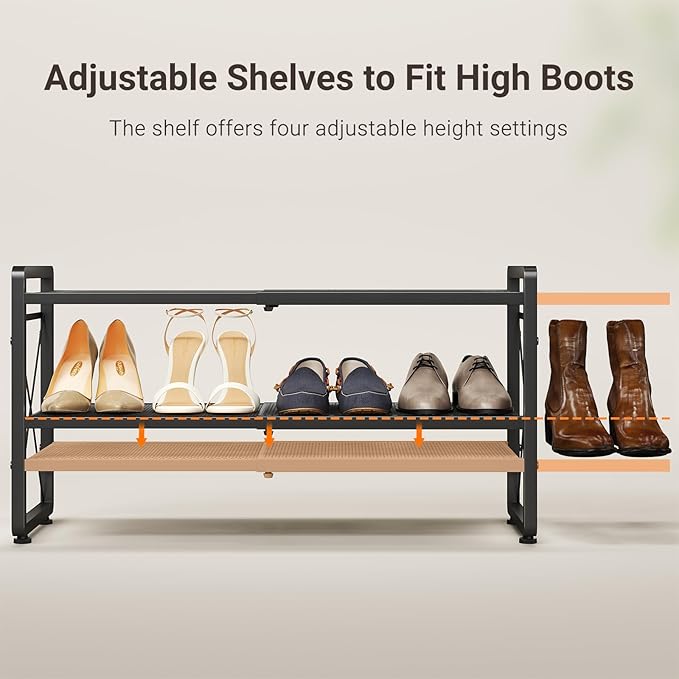 ELYKEN Shoe Rack, 2-Tier Expandable Shoe Organizer for Entryway, Metal Black Shoe Shelf with 4 Hooks, Ajustable Shoe Stand Holder for Closet, Garage, Door Entrance