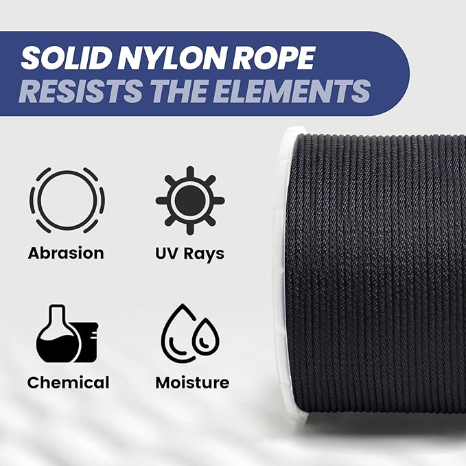 MERIANE Black Nylon Rope 1/8inch 500FT – Multipurpose Solid Braided Rope – Ideal Use for Camping, Clothesline, Marine, Flag Line – Abrasion & UV Resistant – Shock Absorption Rope for Indoor Outdoor