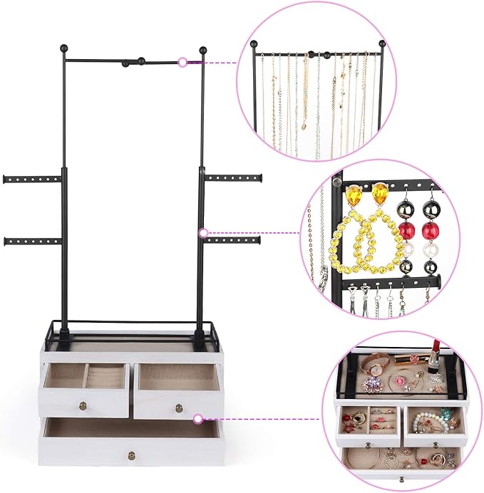 OLAKEE Jewelry Organizer - 2 Layer Wooden Jewelry Drawer Storage Box with 6 Tier Jewelry Tree Stand, Jewelry Display for Necklaces Bracelet Earring Ring (Rustic White)