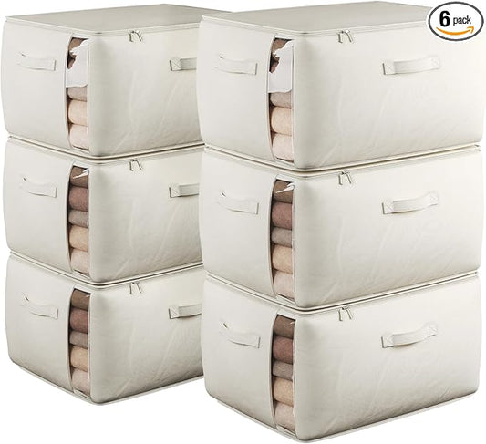 Large Canvas Clothes Storage Bags with Thick Handles and Clear Window, Foldable Cotton Linen Underbed Closet Organizer for Clothing, Blankets and Bedding, 60L, 6 Pack, Beige
