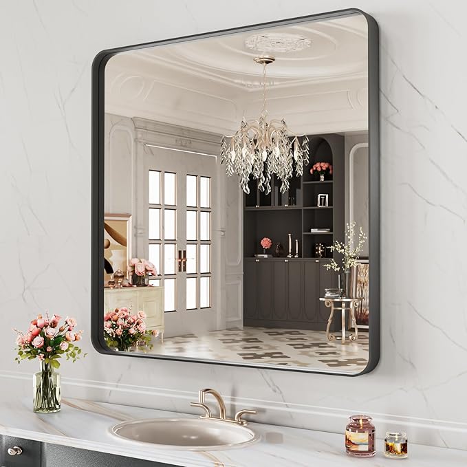 LOAAO 32X32 Inch Black Metal Framed Bathroom Mirror for Wall, Matte Black Bathroom Vanity Mirror Farmhouse, Anti-Rust, Hangs Horizontally or Vertically