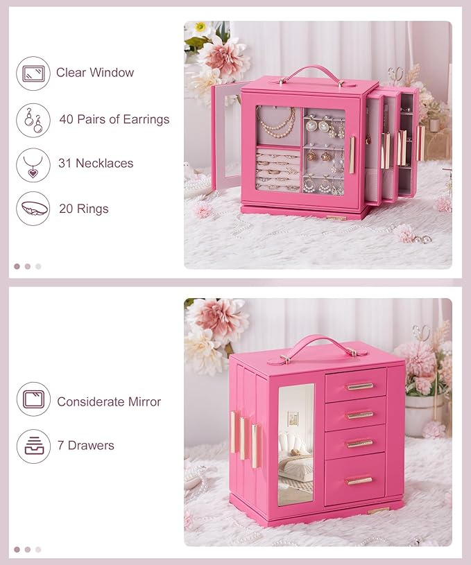 Homde Jewelry Box 360° Rotating, Necklace Earring Organizer with Transparent Window, Mirror, 7 Drawers, Large Ring Display Storage Case for Girls Women (Pink)