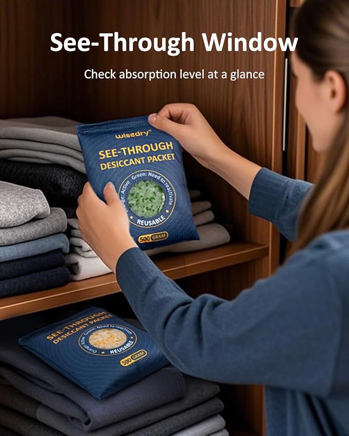 wisedry 4 x 500 Gram See-Through Silica Gel Packets, Color-Indicating Desiccant Packs for Storage, Reusable Safe Dehumidifier, Heat Resistant Dehumidifier Bags