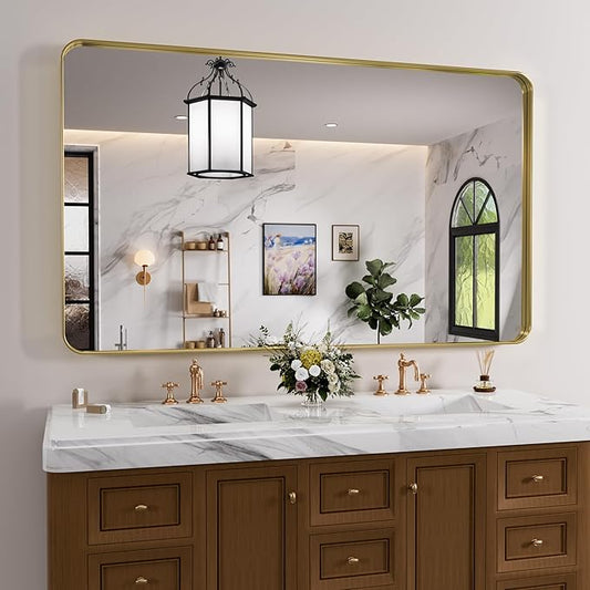 Gold Bathroom Mirror, 60x36 Inch Brushed Gold Metal Frame Mirror for Wall, Rounded Rectangle Bathroom Vanity Mirror, Tempered Glass, Anti-Rust, Horizontal/Vertical