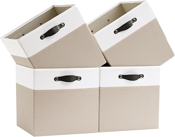 Storage Cube Bins | 7.7 oz/yd² Fabric Cubby Organizer Baskets for Shelf, Closet, Cabinet, Wardrobe | KALLAX Shelving Unit Insert Drawer | 4 Pack, Beige & White, 13x15x13 Inch