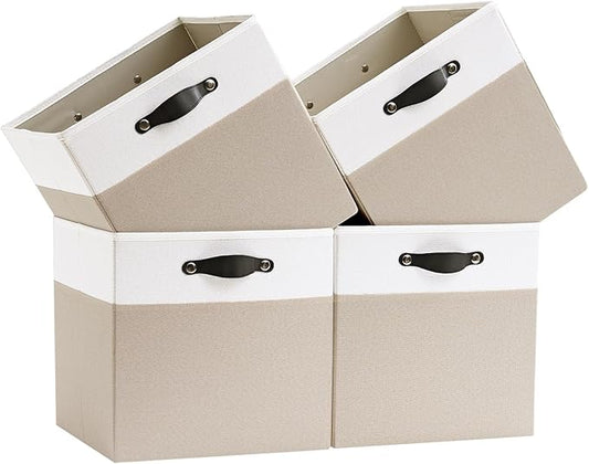 Storage Cube Bins | 7.7 oz/yd² Fabric Cubby Organizer Baskets for Shelf, Closet, Cabinet, Wardrobe | KALLAX Shelving Unit Insert Drawer | 4 Pack, Beige & White, 13x15x13 Inch