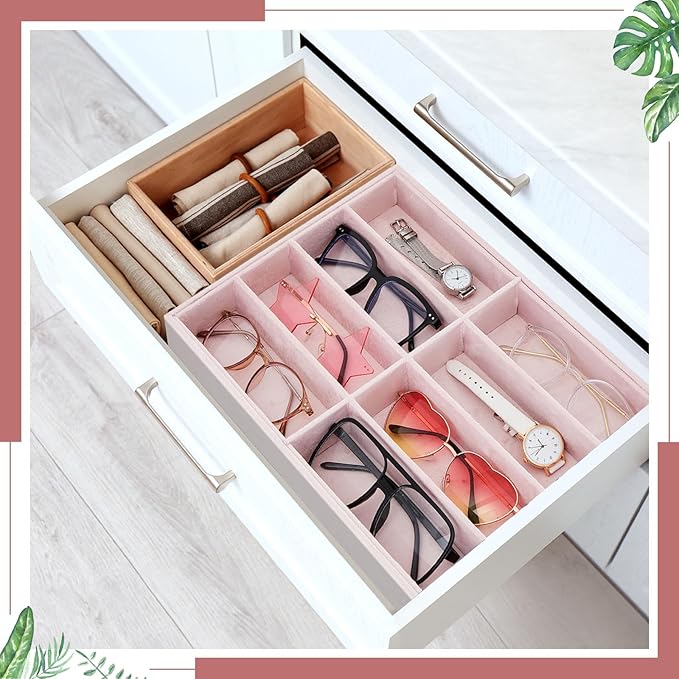 Amylove 2 Pcs Sunglass Organizer Trays Glasses Stackable Jewelry Trays Sunglass Organizer Display Box(8 Grids,Pink)