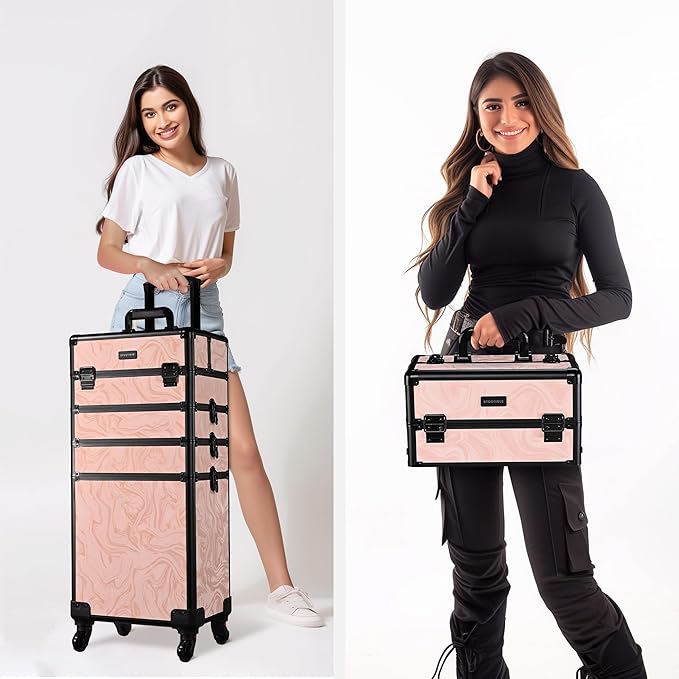 BYOOTIQUE Rolling Makeup Trollleyon Wheels 3-Piece Kit Lockable Cosmetology Organizer Cart Cosmetic Train Case Hairdressing Brush Bags for Nail Tech Beauty Salon Barbershop,CTB Pink