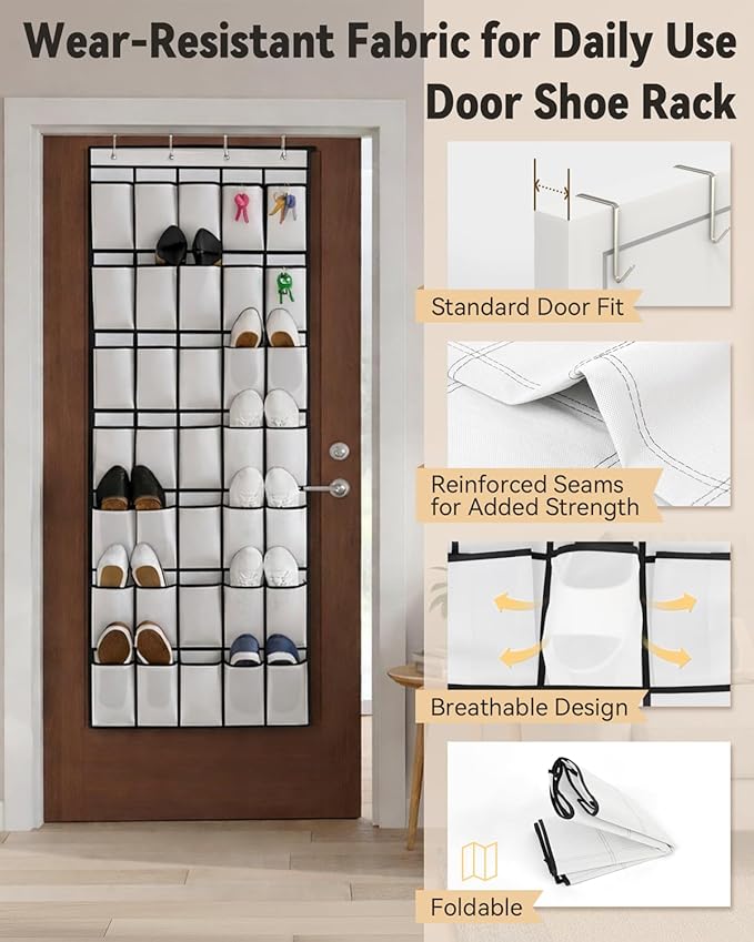 dodowin Over the Door Shoe Organizer Rack, 35 Large Breathable Mesh Pockets, Foldable Hanging Storage Holder for Closet Door, Space Saving Shoe & Accessory Organizer with 4 Metal Hooks, White