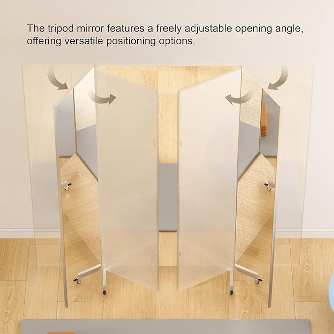 Brisafe 81" x 95" Extra Large Full Length Tri-Fold Mirror on Wheels, Stand Up Movable Floor Mirror with Stand, 3-Way Folding Standing Mirror for Gym, Dance Studio, Fitness Room & Home, White