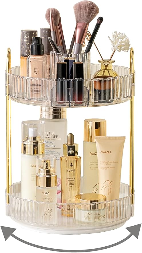 360 Rotating Makeup Organizer,2 Tier Large Capacity Make Up Organizers and Storage,Skincare Perfume Vanity Organizers,Bathroom Cosmetics Storage Organizer Countertop(Clear)
