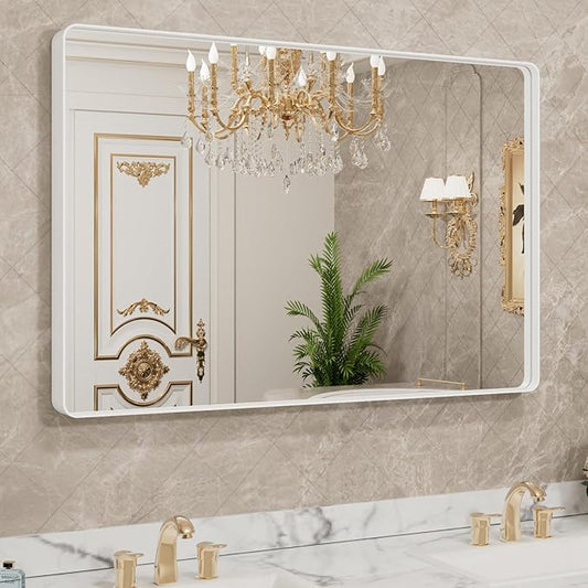 LOAAO 40x30 Inch White Metal Framed Bathroom Mirror for Wall, White Bathroom Vanity Mirror Farmhouse, Large Rounded Rectangle Mirror, Anti-Rust, Tempered Glass, Hangs Horizontally or Vertically