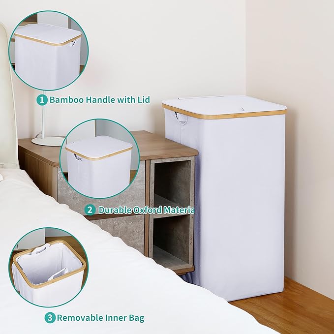 110L Laundry Hamper with Lid，Dirty Clothes Hampers for Laundry,Laundry Basket with Bamboo Handles and Removable Bag,Hamper for Bedroom, Bathroom, Dorm, Laundry Room, White