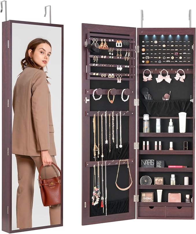 VEVOR Mirror Jewelry Cabinet, 47.2-Inch Tall Lockable Jewelry Armoire with Full-Length Mirror, Wall/Door Mounted Organizer with LED Lights and Velvet Lining, Brown
