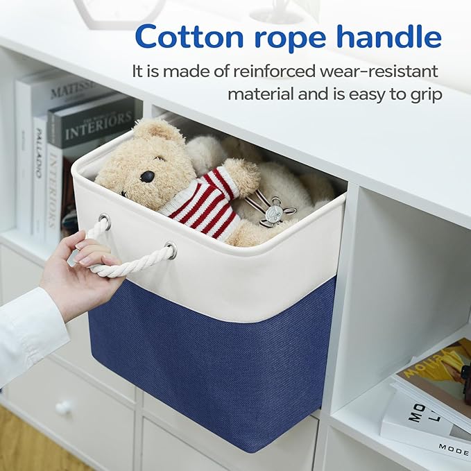 12 x 12 Inch Cube Storage Bins, 4 Pack Fabric Storage Basket with Handles, Foldable Boxes Organizer for Shelf Baskets for Home, Clothes (White/Blue)