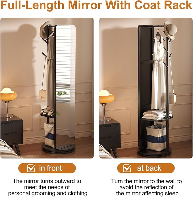 70"x19"Full Length Mirror with Stand,Coat Rack with Mirror,Solid Wood Floor Mirror,Swivel Mirrorfor Bedroom, Living Room, Cloakroom