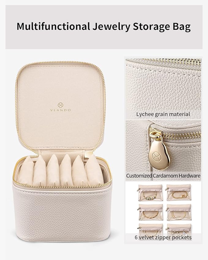 Vlando Small Jewelry Box Organizer,Travel Jewelry Storage with 6 Velvet Jewelry Zipper Pockets,Travel Jewelry Case Valentines Gifts Birthday Gifts for Women Girls (White)