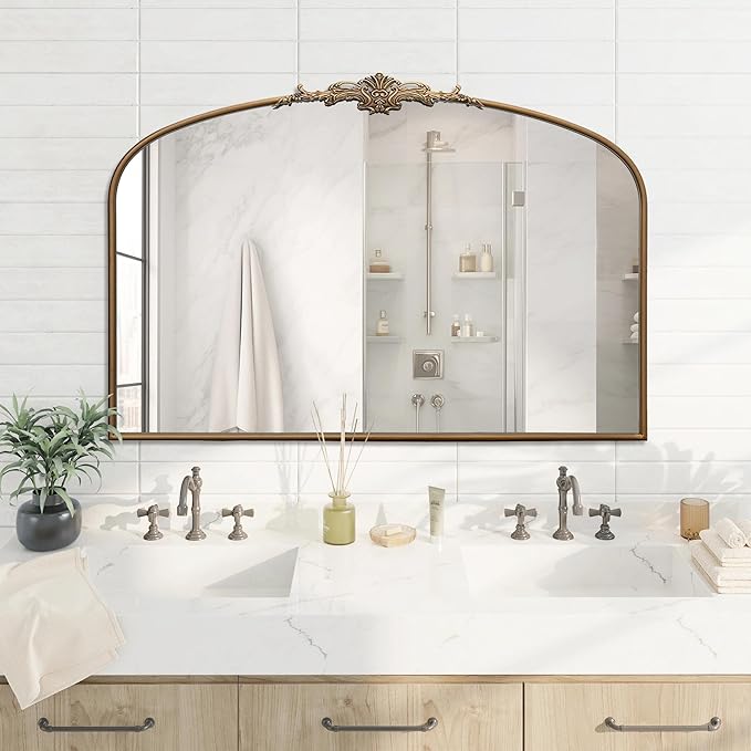 Besdomus Vintage Arched Gold Mirror: 48"x33" Oversize Gold Antique Wall Mounted Mirror - Baroque Traditional Ornate for Entryway/Fireplace/Bathroom/Hallway - Home Decor for Fashion-Conscious