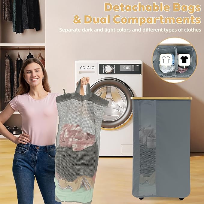 Rolling Laundry Hamper with Lid & Wheels, 110L Slim Double Grey Laundry Hamper 2 Section, Narrow Large Laundrys Hampers with Removable Bags&Breathable Mesh, Dirty Clothes Hampers for Bedroom