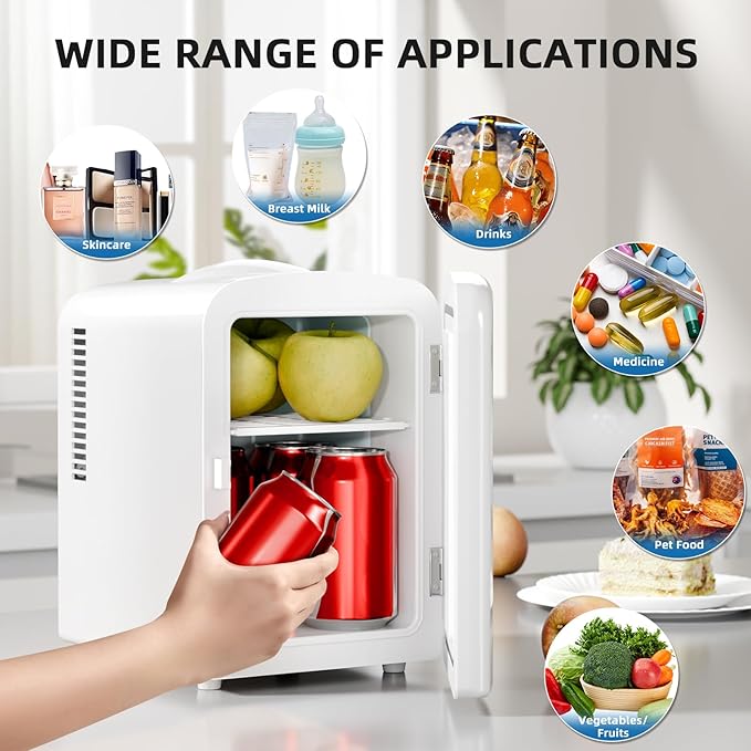 Compact Refrigerator, Portable Mini Fridge, Skin Care 4L Capacity/6 Cans, for Bedroom, Car, Office & Dorm, Small Cooler for Cosmetics, Beverage and Food, White