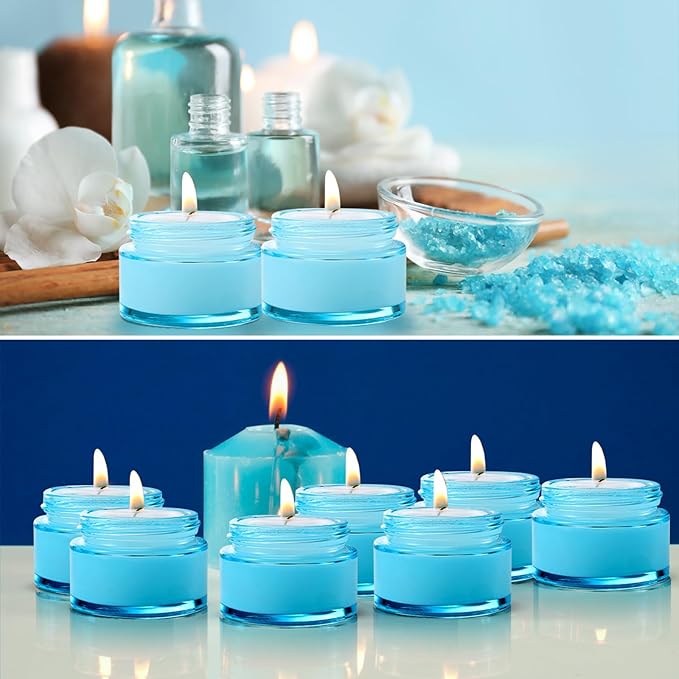 Domensi 60 Pcs 1oz Glass Jars with Lids Bulk Salve Tins Winter Cream Container Small Glass Candle Cosmetic Jars for Travel Lip Balm with Inner Liners for Lotion Sample Cream(Light Blue, White Lids)