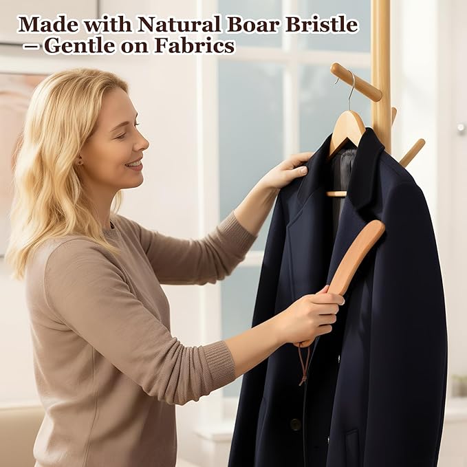Bokon 2 Pcs Lint Brushes for Clothes with Boar Bristle Beech Wood Handle Natural Reusable Garment Brush Lint Remover for Hat Wool Coats Suits Cashmere Suede Pet Hair Denim Corduroy Heavy Fabrics