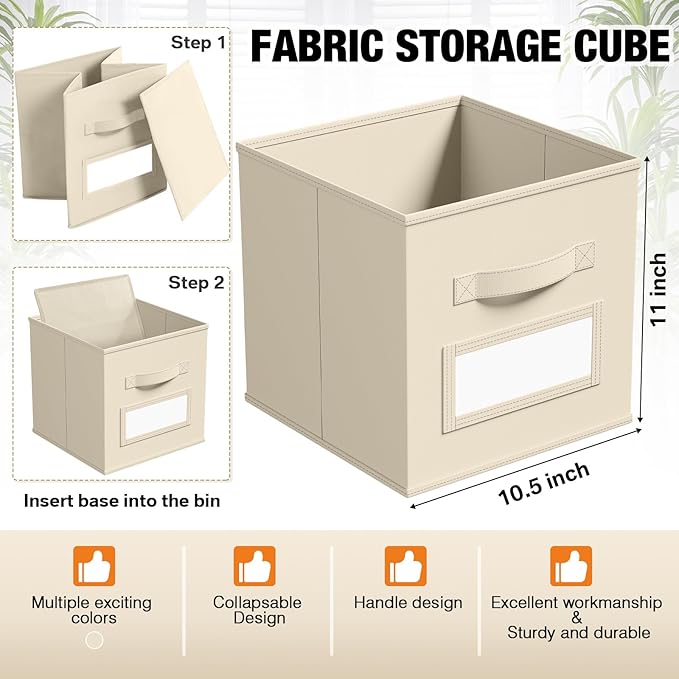 10 Pcs Fabric Storage Cubes with Labels 11 Inch Collapsible Cube Organizer Baskets with Window Cards for Shelf Nursery Clothes Book Toys Storage Bin(Beige)