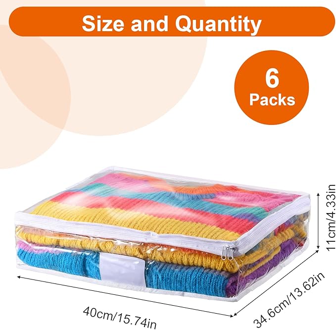 6 Packs Sweater Storage Bags, Clear PVC Sweater Storage Foldable Vinyl Zippered Organizer Plastic Bags for Clothes Blankets Sweater Quilt Clothes Pillow Bed Sheet (16 x 14 x 4 Inch)