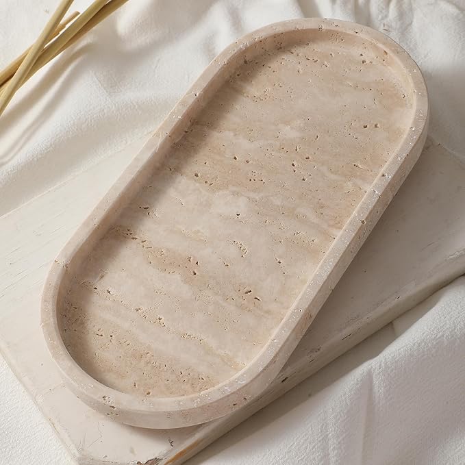 Natural Travertine Oval - 10x5 Inch Bathroom and Vanity Marble Small Tray for Soap Bottle, Perfume, Aromatherapy and Jewelry Accessories - Countertop Tray with Non-Slip Raised Base