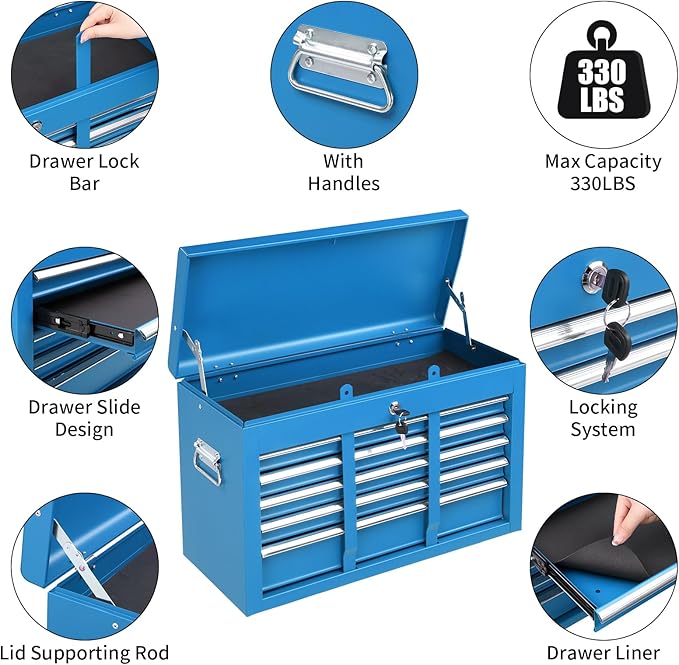 Winado 24" Portable Tool Box, 5 Drawer Tool Chest with Carry Handle, Top Case, Ball Bearing Runners, Lockable Metal Hand Toolbox for Garage, Warehouse, Repair Shop & Home, Blue