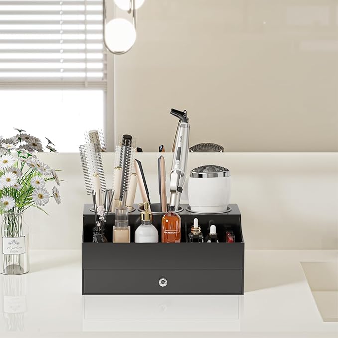 Hair Tool Organizer, Acrylic Hair Blow Dryer Holder Stand for Straightener and Curling Storage, Bathroom Vanity Countertop Organization for Makeup Accessories (Black)