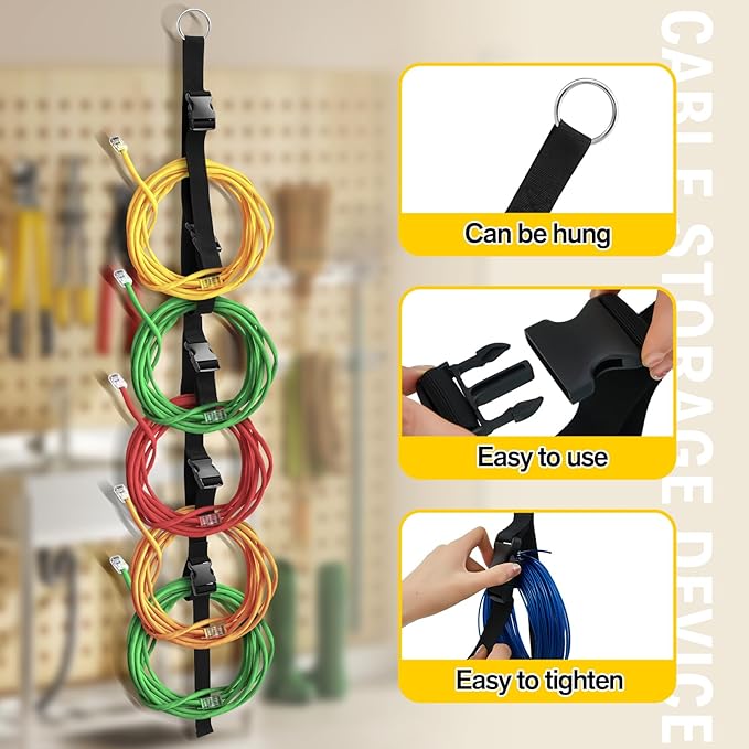 4 Pcs Extension Cord Organizers and Storage Garage Extension Cord Holder with 5 Slots Organizer Black Cord Organizer Straps for Vertical Space Cable Hose Rope String Lights