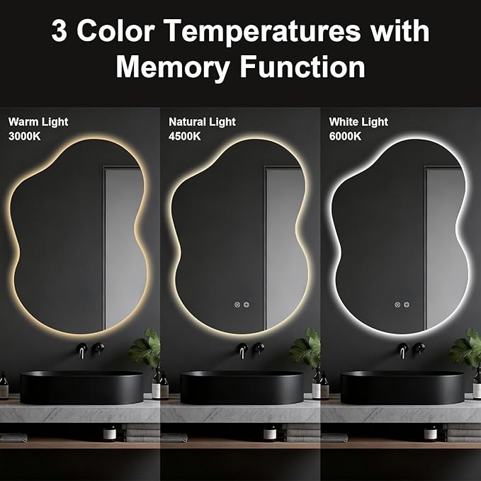 Asymmetrical Lighted Mirror for Bathroom,Modern LED Vanity Mirror with Backlit,Fog-Free,Tri-Color Dimmable Lighting with Memory Function,Hardwire Ready [Horizontal/Vertical] 40" H x 30" W