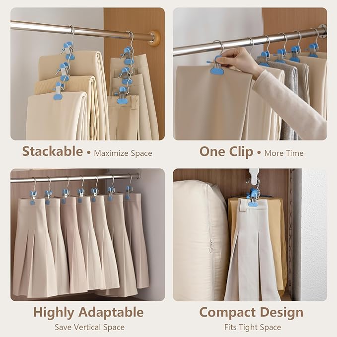 POZEAN Wider Leggings Hangers for Closet 60 Pack, Metal Pants Hangers with Clips, Non-Slip Skirt Boot Jeans Hanger, Stackable Closet Organizer Space Saving Blue
