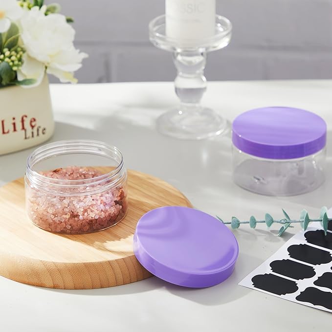 Dandat 24 Pcs 8 oz Plastic Jar Container with Lid and Label Refillable Empty Round Clear with Purple Pet Cosmetic Sample Slime Containers for Lotion, Cream, Ointments Body Butter Makeup Travel Storage