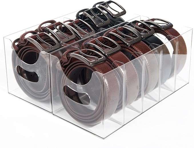 Belt Organizer 2pack,Acrylic Belt storage Organizer for Closet with Removable Dividers - 5 Compartments & Handles Drawer organization and storage for underwear, Socks, and Ties (2)