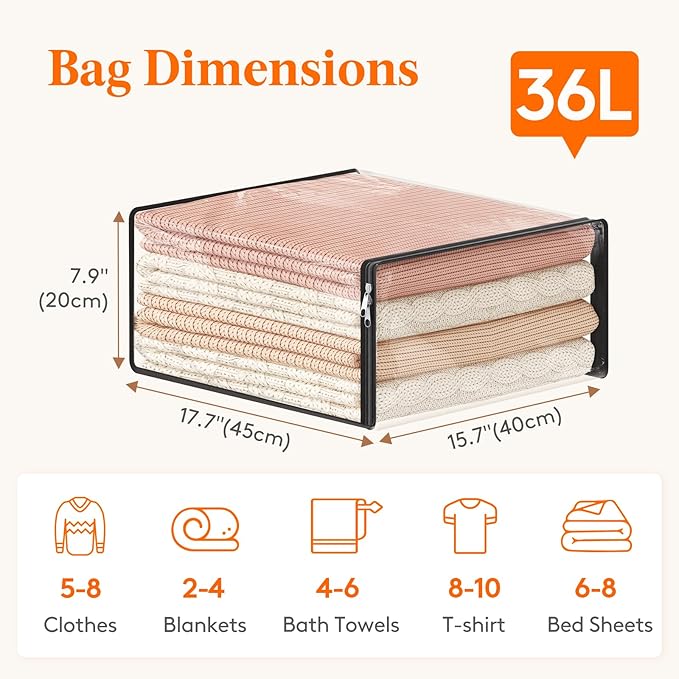 Lifewit 36L Clear Sheet Storage Bags with Zipper 8 Pack, Plastic Sweater Storage Bins for Clothing, Vinyl Foldable Clothes Containers Organizers for Closet, Blankets, Bedding 17.7 x 15.7 x 7.9 Inch