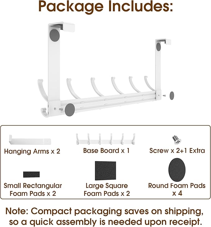 KitchLife Over The Door Hooks Hanger with 7 inches Extended Arms, Fits 1 3/8" Doors, F18U, Bathroom Towel Rack Organization, Thickened 6-Double Hook, Glossy White