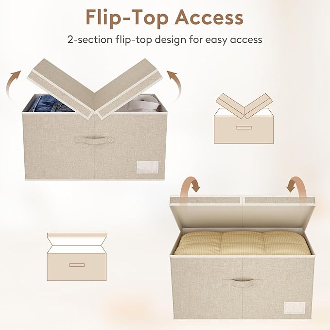 Lifewit Clothes Storage Bins with Lids, Fabric Foldable Storage Boxes with Handles, Decorative Closet Organizer, Stackable Cube Baskets Container for Bedroom, Office, 21L Medium Beige, 3 Packs