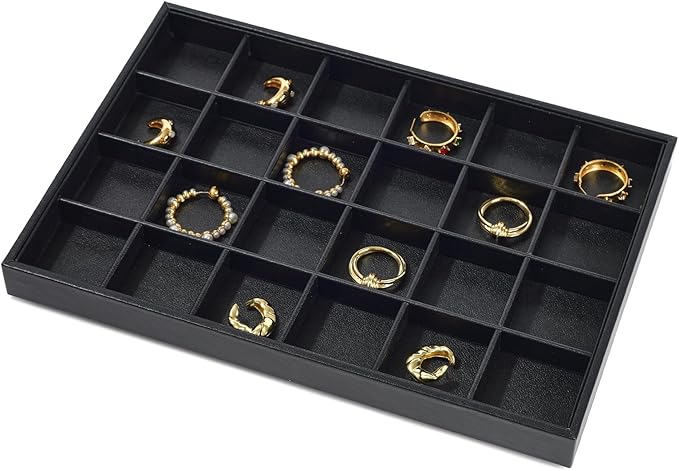 24 Grid Black Leather Jewelry Trays Earring Organizer Tray Jewelry Display Trays Jewelry Drawer Organizer for Ring Earrings Storage Display (Black)