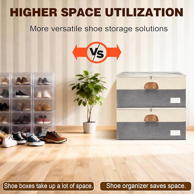 2 Pack Shoe Organizer for Closet, Adjustable Shoe Box Storage Containers, Large Foldable Shoe Bins with Clear Cover, Space Saving Shoes Holder with 4 Handles, Fits 24-48 Pairs, Beige