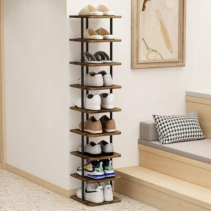 AZERPIAN Shoe Rack 9 Tier Vertical Storage Organizer Narrow Metal Slim Shelf Modern Free Standing Shoe Tower Saving Space for Closet Entryway Bedroom,Black+Rustic Brown