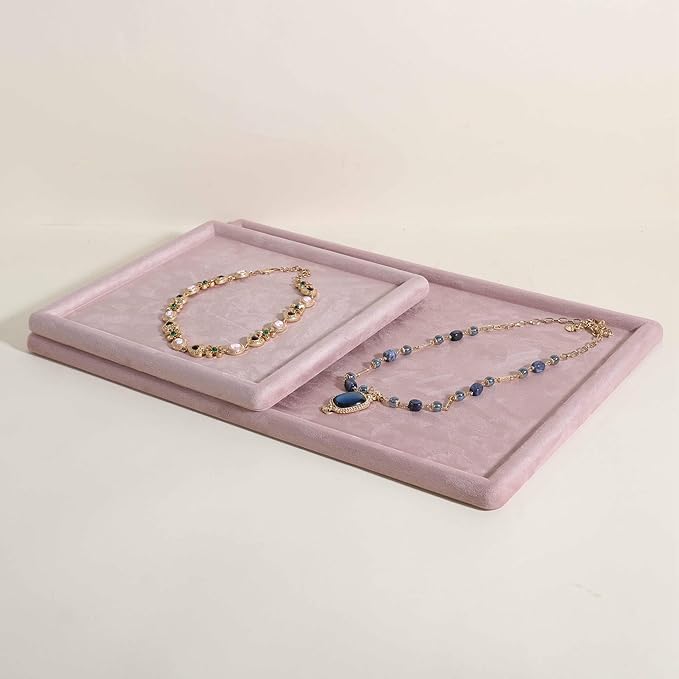Rectangle Jewelry storage organizer plate, Velvet Jewerly display tray, Empty showcase tray for Necklace Bracelet Ring Earring【Pink-Large, 17.7 x 11.8 in 】