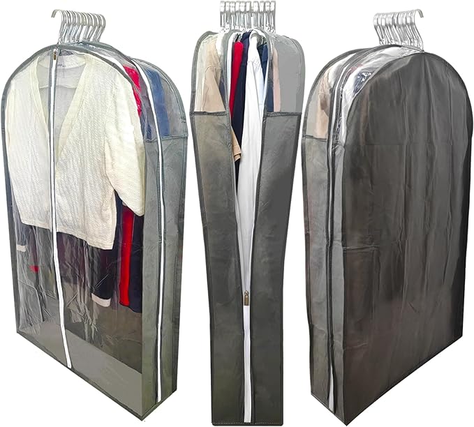 Suit Bags for Closet Storage with 6.3" Gusset, 40" Dust Proof Garment Bags for Hanging Clothes, Clear Suits Covers and Side Zipper Protector for Jacket, Coat, Sweater, Shirts, Clothing Grey/5 Packs