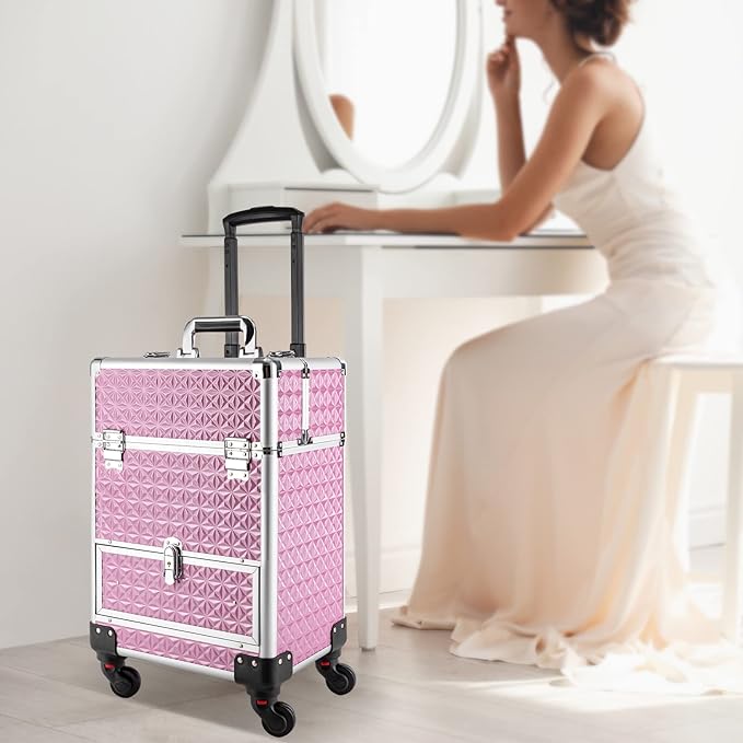 Makeup Rolling Case, Professional Rolling Nail Case Wheeled Manicure Storage Case Polish Organizer w/ Universal Wheels, Portable Adjustable Studio Travel Cart for Nail Technicians Hairstylist (Pink)
