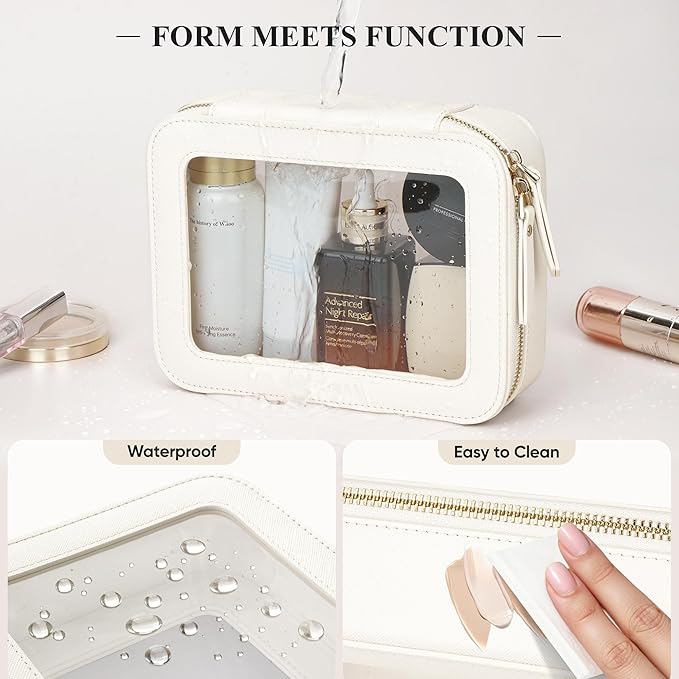 Clear Makeup Bag, Travel Toiletry Bag Cosmetic Case for Women, Waterproof Portable Make Up Skincare Pouch with Zipper, Compact Car Organizer Bag for Essentials, Mini & Medium, Ivory White