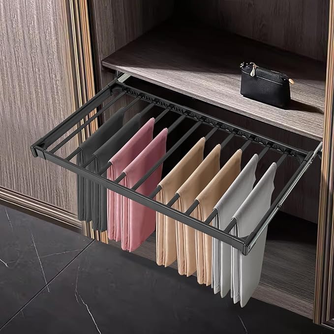 11 Arms Slide Out Pants Rack Closet Pants Hanger Bar Pull Out Trousers Rack Tie Belts Scarf Racks, Top Mounted Wardrobe Clothes Organizers Rail Pull Out Closet Storage Rod-Black