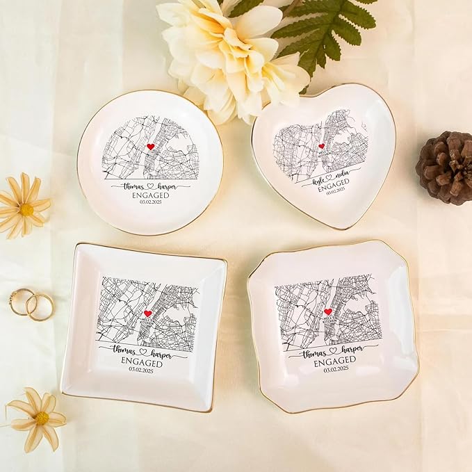 Chillever Custom Map Engaged Trinket Dish, Location Engagement Gifts For Couple Jewelry Tray, Ring Dish, Newly Engaged Ring Holder Best Gift For Lover 1