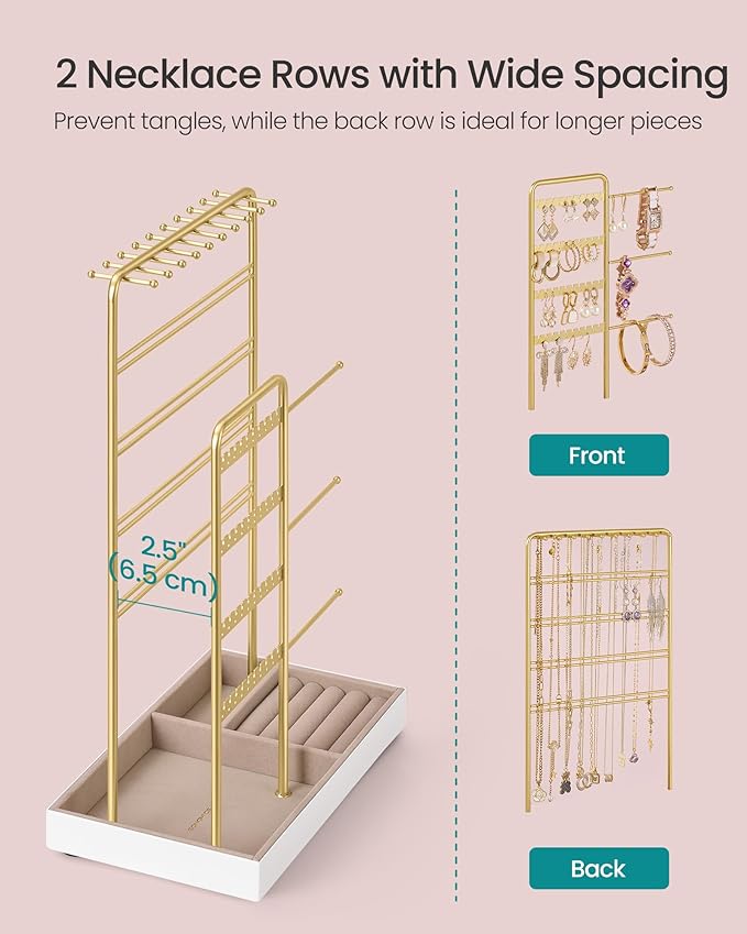 SONGMICS Jewelry Holder, Jewelry Organizer, Jewelry Display Stand with Metal Frame, Velvet Tray, Necklace Earring Bracelet Holder, for Studs, Rings, Gift Idea, Pale Gold UJJS028A01