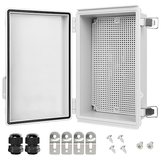 LeMotech Electrical Box, IP67 Waterproof Hinged Cover Stainless Steel Latch Junction Box, ABS Plastic Electrical Enclosure with Mounting Plate,Wall Brackets, Cable Glands, 10.2"x6.3"x3.9", Grey